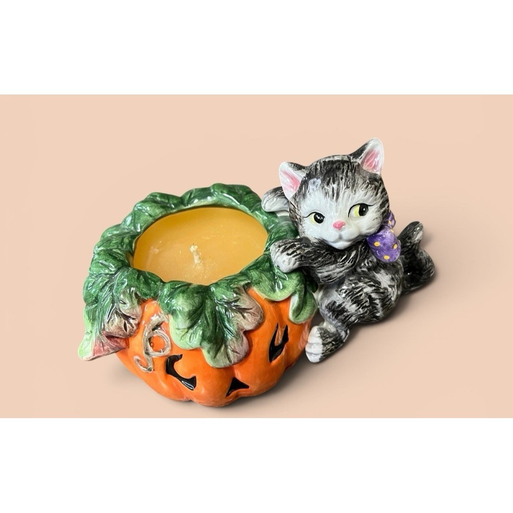 Fitz & Floyd Essentials Halloween Kitty Pumpkin Candle Holder Jar Jack-O-Lantern - Picture 4 of 12